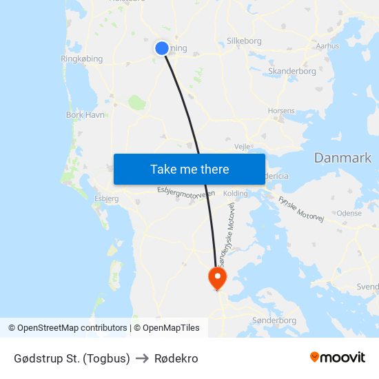 Gødstrup St. (Togbus) to Rødekro map