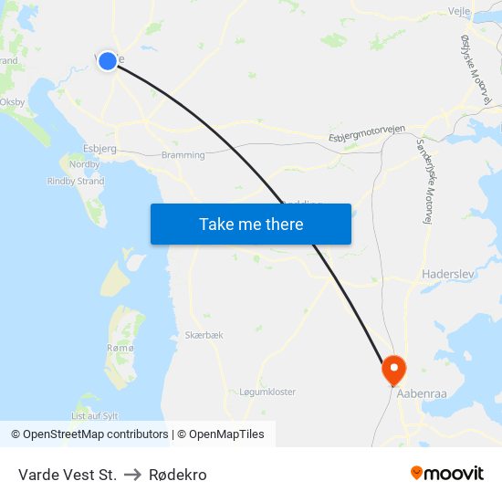 Varde Vest St. to Rødekro map