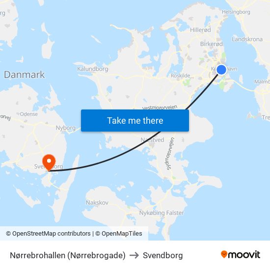 Nørrebrohallen (Nørrebrogade) to Svendborg map