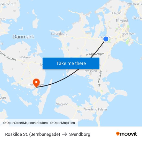 Roskilde St. (Jernbanegade) to Svendborg map