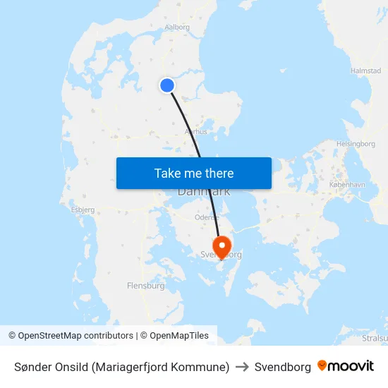 Sønder Onsild (Mariagerfjord Kommune) to Svendborg map