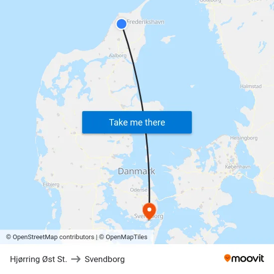 Hjørring Øst St. to Svendborg map