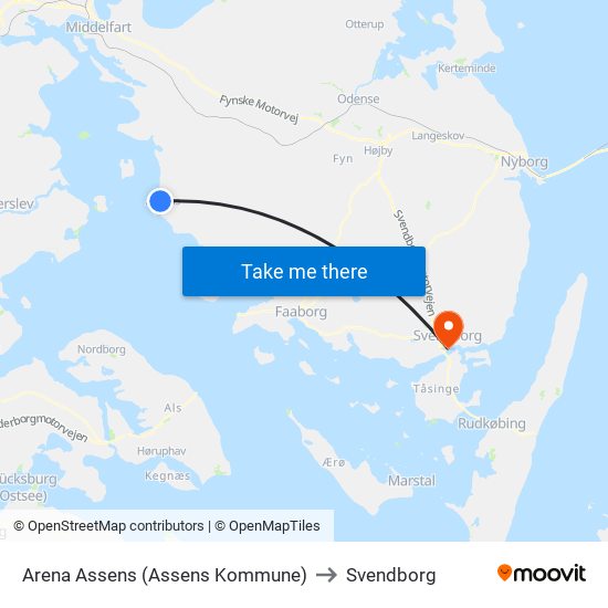 Arena Assens (Assens Kommune) to Svendborg map