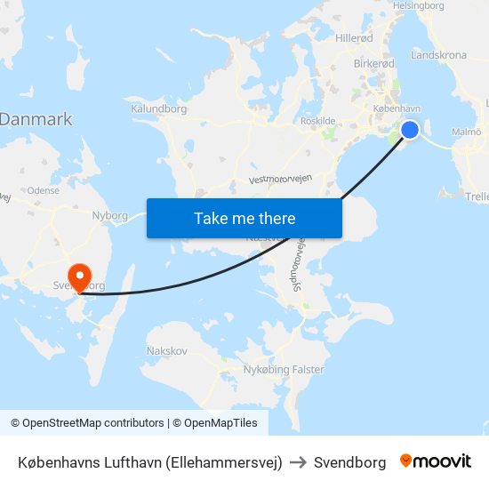 Københavns Lufthavn (Ellehammersvej) to Svendborg map