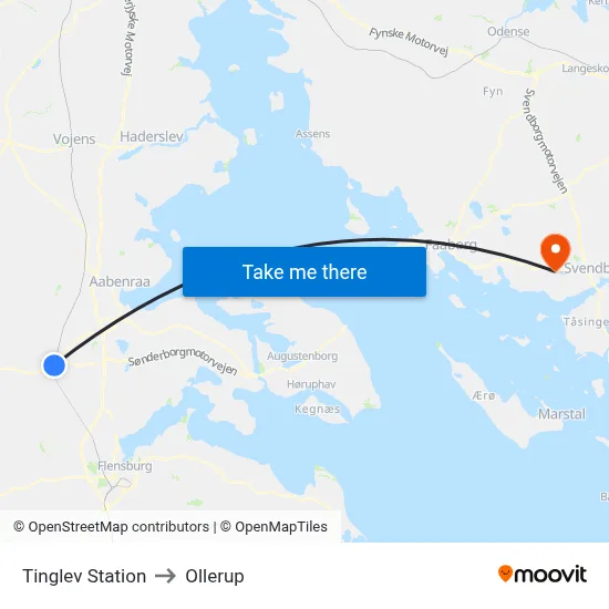 Tinglev Station to Ollerup map