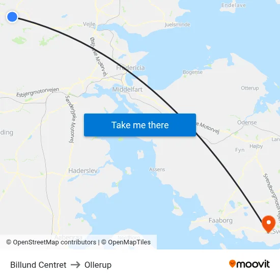 Billund Centret to Ollerup map