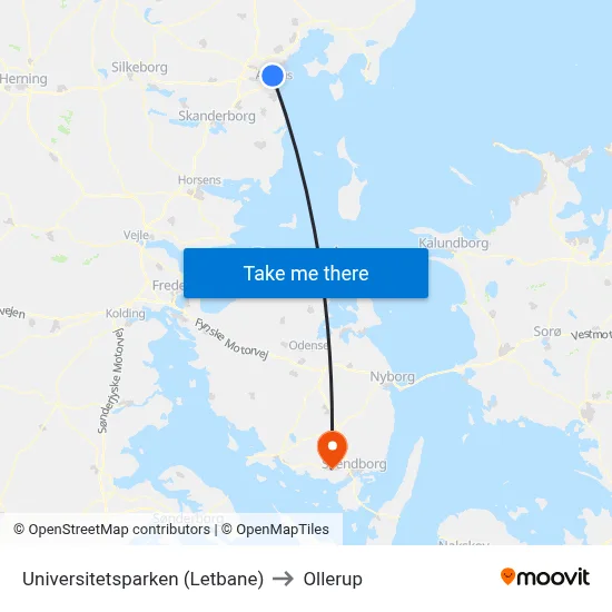 Universitetsparken (Letbane) to Ollerup map