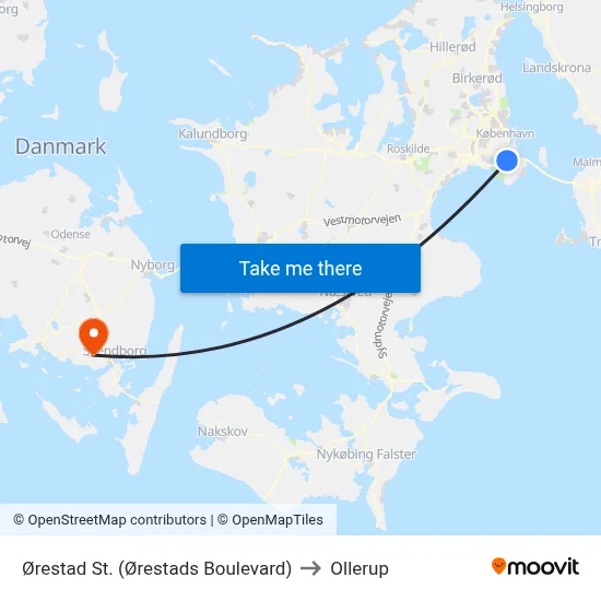 Ørestad St. (Ørestads Boulevard) to Ollerup map
