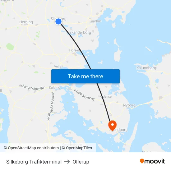 Silkeborg Trafikterminal to Ollerup map