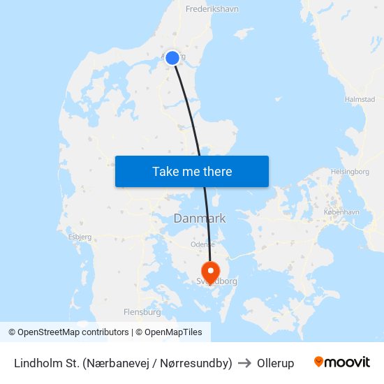 Lindholm St. (Nærbanevej / Nørresundby) to Ollerup map