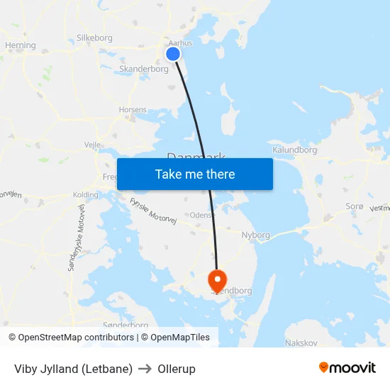 Viby Jylland (Letbane) to Ollerup map