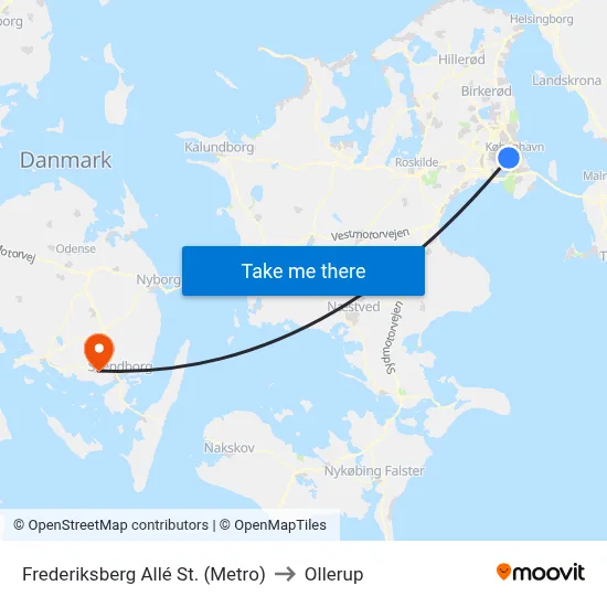 Frederiksberg Allé St. (Metro) to Ollerup map