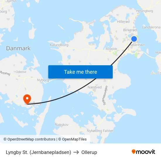 Lyngby St. (Jernbanepladsen) to Ollerup map