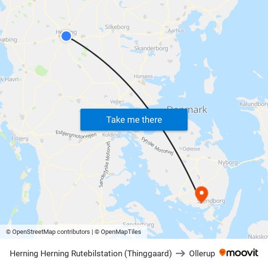 Herning Herning Rutebilstation (Thinggaard) to Ollerup map