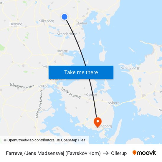 Farrevej/Jens Madsensvej (Favrskov Kom) to Ollerup map