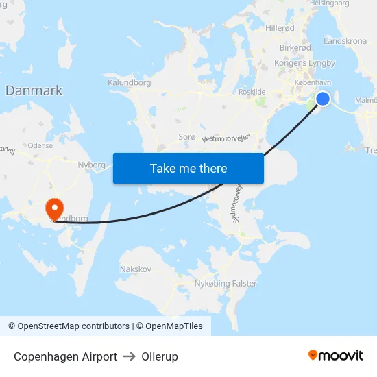 Copenhagen Airport to Ollerup map