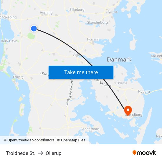 Troldhede St. to Ollerup map