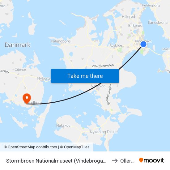 Stormbroen Nationalmuseet (Vindebrogade) to Ollerup map