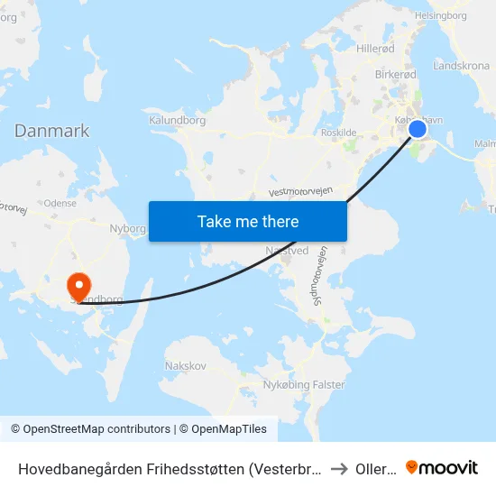 Hovedbanegården Frihedsstøtten (Vesterbrogade) to Ollerup map