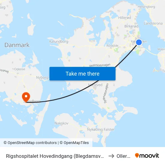 Rigshospitalet Hovedindgang (Blegdamsvej) to Ollerup map