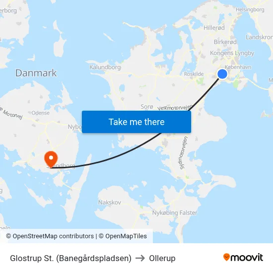 Glostrup St. (Banegårdspladsen) to Ollerup map