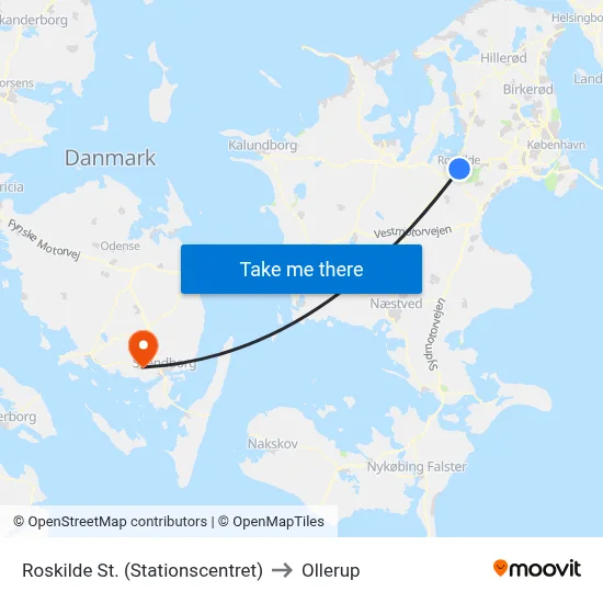 Roskilde St. (Stationscentret) to Ollerup map