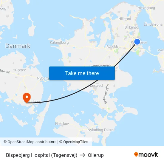 Bispebjerg Hospital (Tagensvej) to Ollerup map