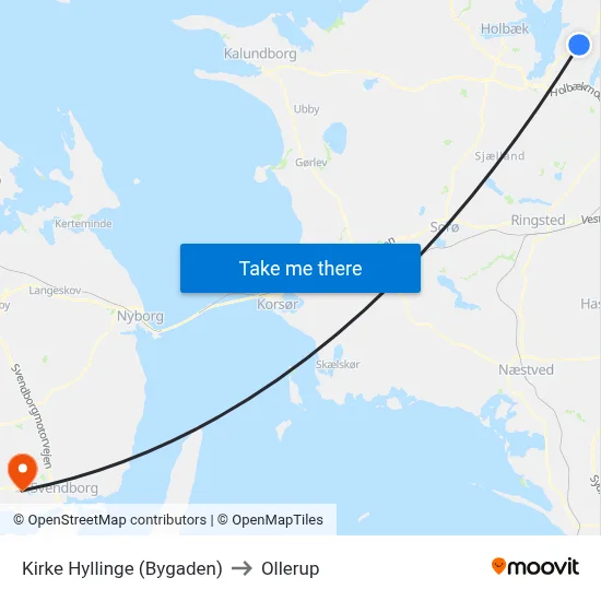 Kirke Hyllinge (Bygaden) to Ollerup map
