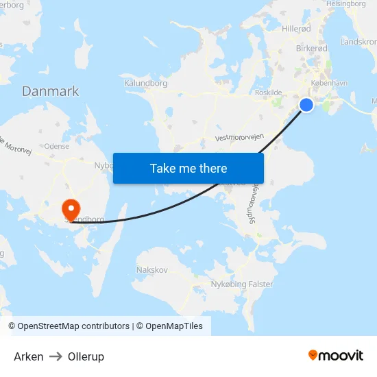 Arken to Ollerup map