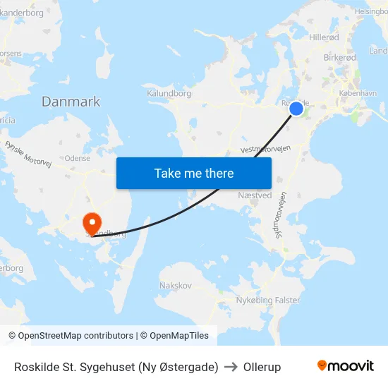 Roskilde St. Sygehuset (Ny Østergade) to Ollerup map