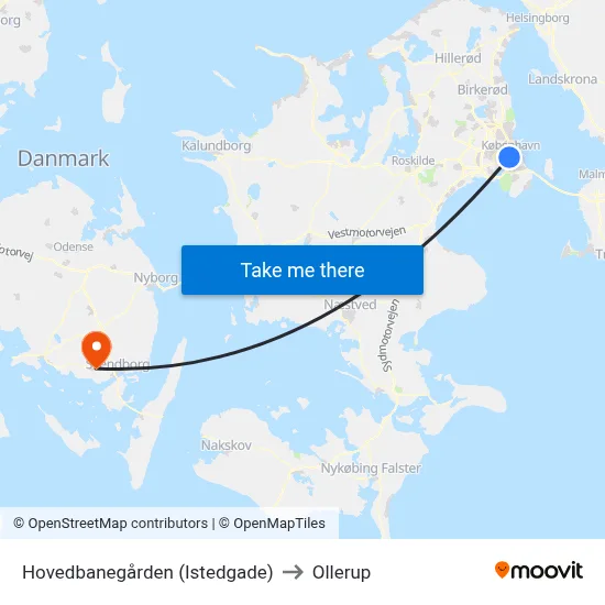 Hovedbanegården (Istedgade) to Ollerup map
