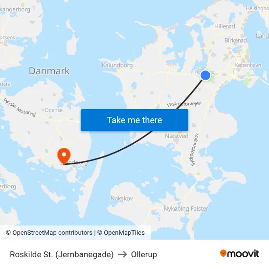 Roskilde St. (Jernbanegade) to Ollerup map