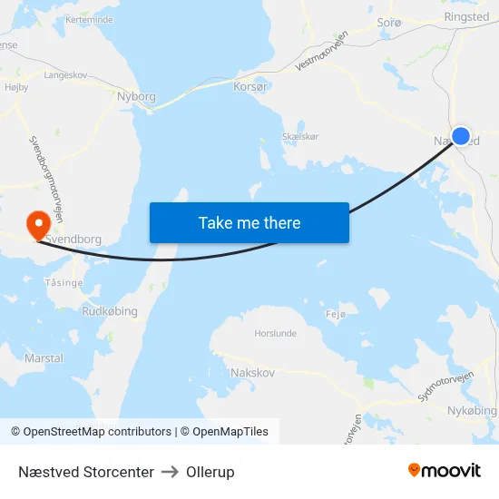 Næstved Storcenter to Ollerup map