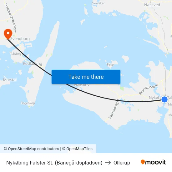 Nykøbing Falster St. (Banegårdspladsen) to Ollerup map