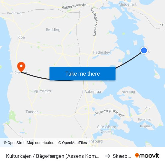 Kulturkajen / Bågøfærgen (Assens Kommune) to Skærbæk map