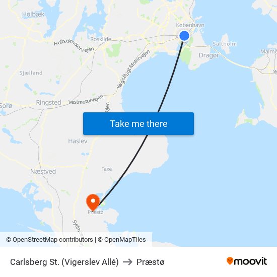 Carlsberg St. (Vigerslev Allé) to Præstø map