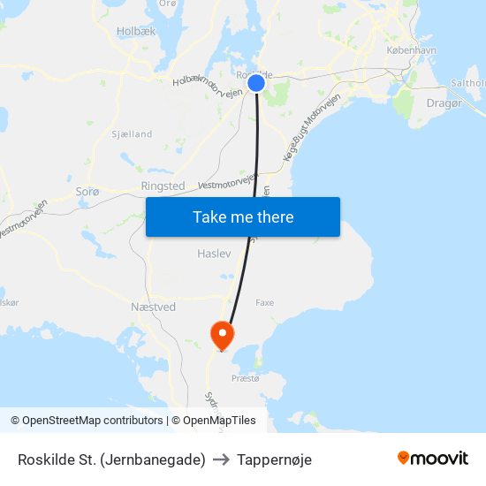 Roskilde St. (Jernbanegade) to Tappernøje map