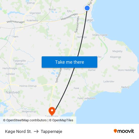 Køge Nord St. to Tappernøje map