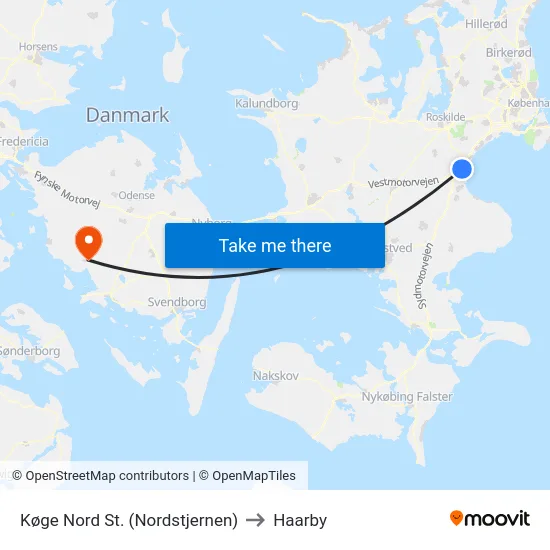 Køge Nord St. (Nordstjernen) to Haarby map