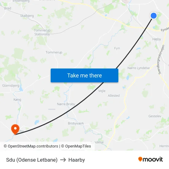 Sdu (Odense Letbane) to Haarby map