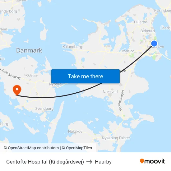 Gentofte Hospital (Kildegårdsvej) to Haarby map