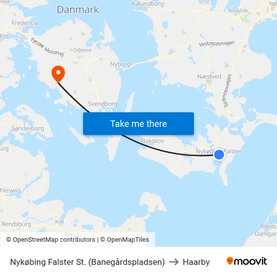 Nykøbing Falster St. (Banegårdspladsen) to Haarby map