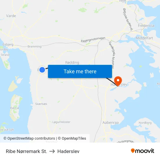 Ribe Nørremark St. to Haderslev map