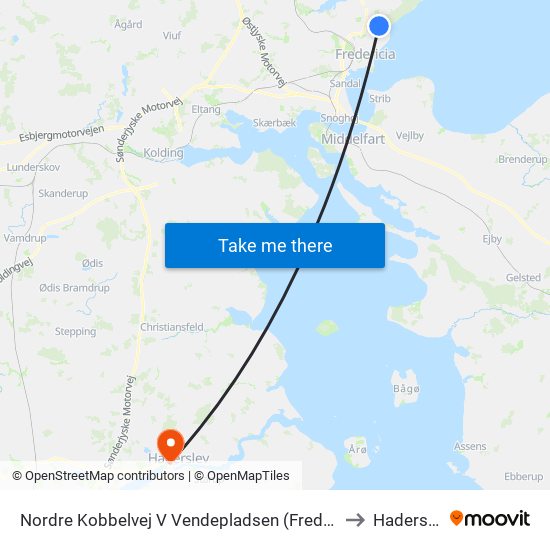 Nordre Kobbelvej V Vendepladsen (Fredericia) to Haderslev map