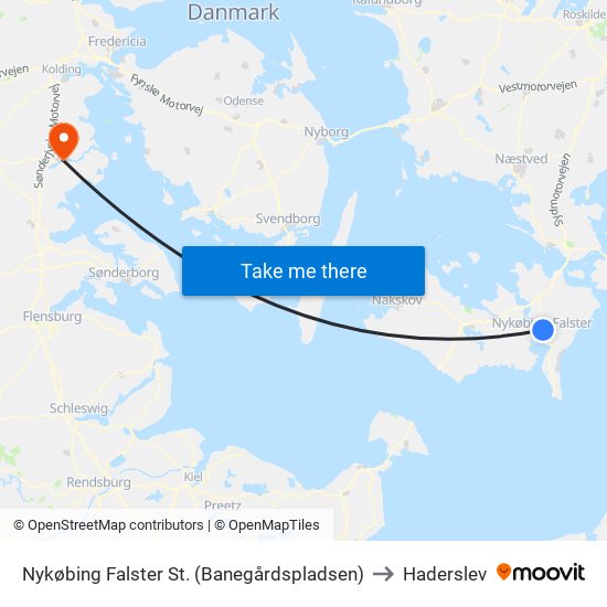 Nykøbing Falster St. (Banegårdspladsen) to Haderslev map