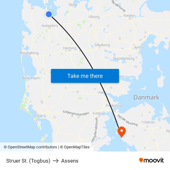 Struer St. (Togbus) to Assens map