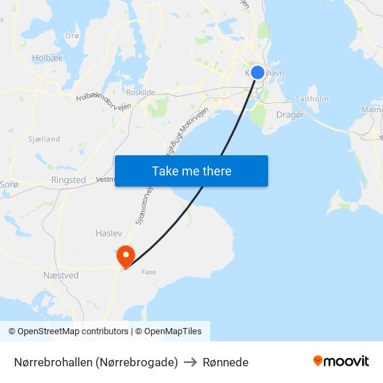 Nørrebrohallen (Nørrebrogade) to Rønnede map