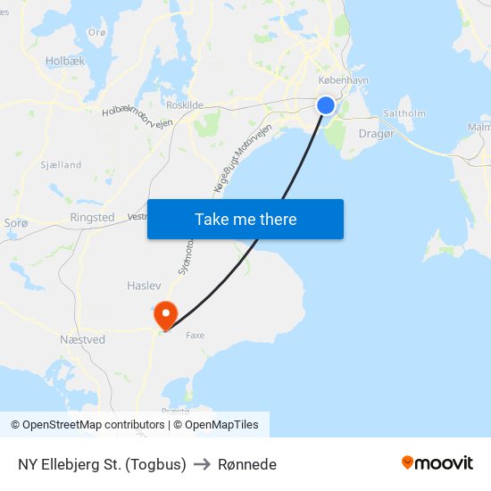 NY Ellebjerg St. (Togbus) to Rønnede map