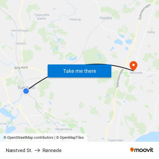 Næstved St. to Rønnede map