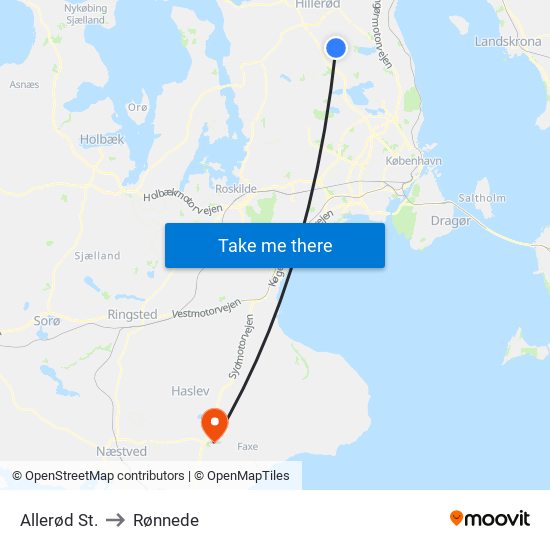 Allerød St. to Rønnede map